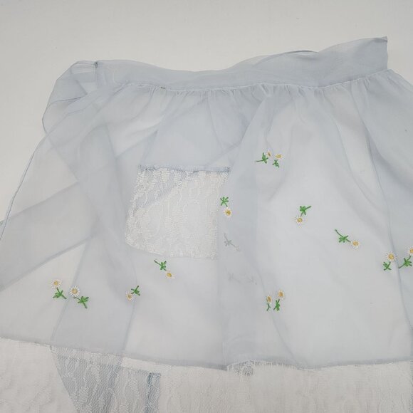 Vintage Sheer Half Apron With Embroidered Daisies & Lace Trim Light Blue - Picture 2 of 6